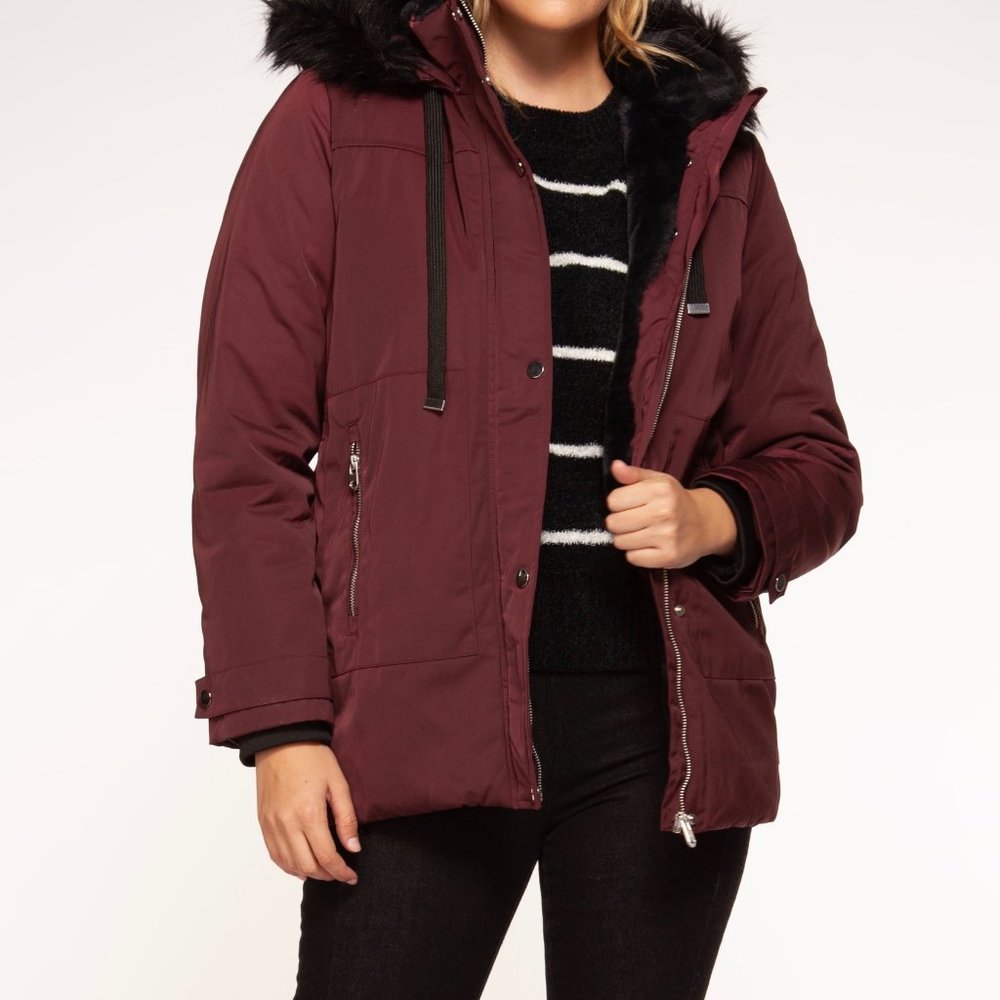 Burgundy Fur Hooded Winter Parka
